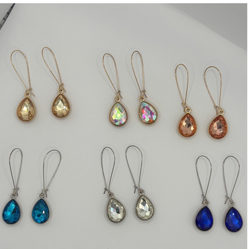 Set of 6 Pairs Teardrop Crystal Dangle Earrings Gold Silver Tone Kidney Wire